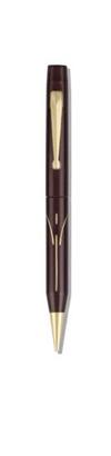 Three Wing-Flow celluloid mechanical pencils, the first in burgundy with ""R"" pattern gold-filled inlays, the second in black with ""Q